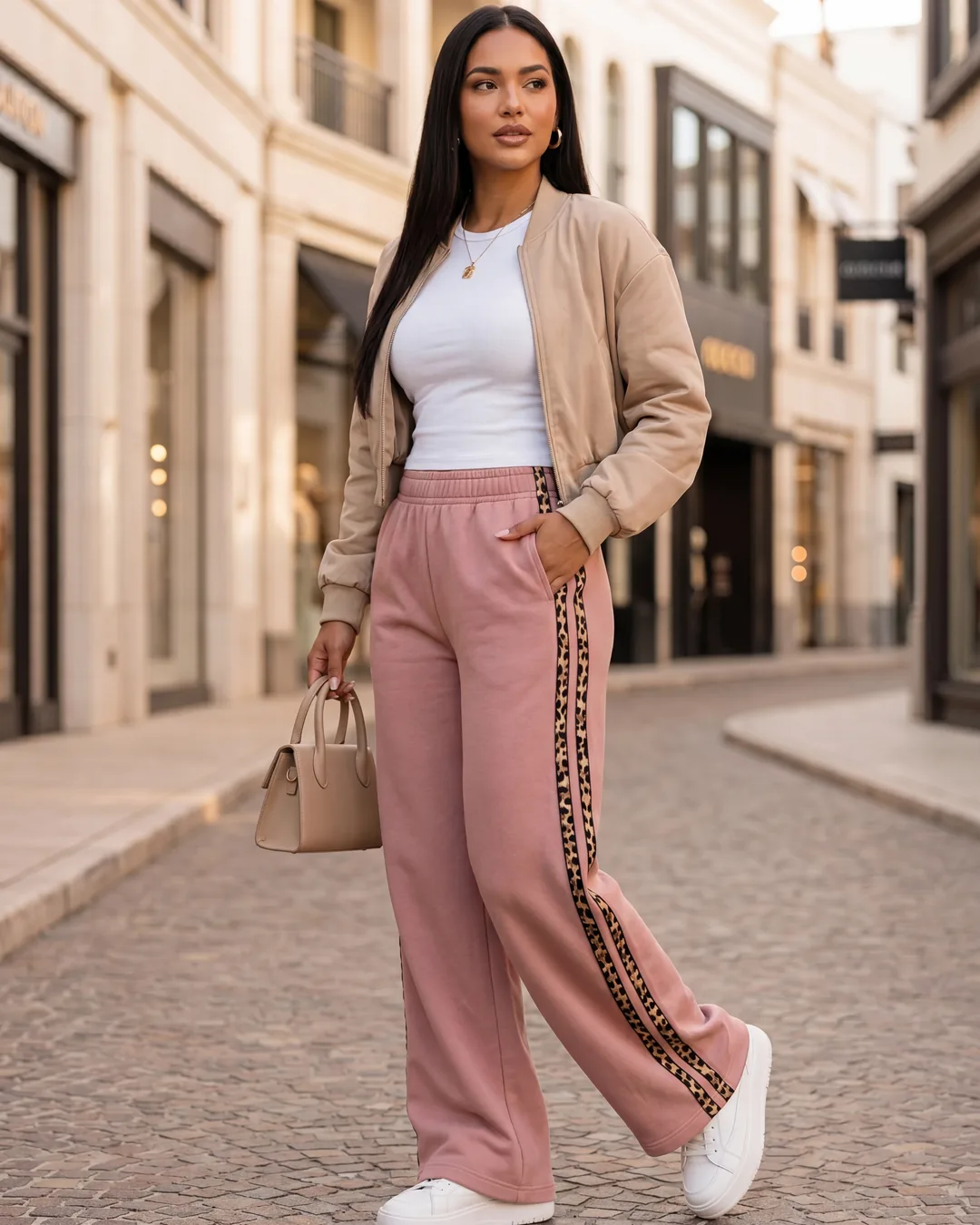 Mujer con el Jogger Akira palo de rosa y tenis, en la calle